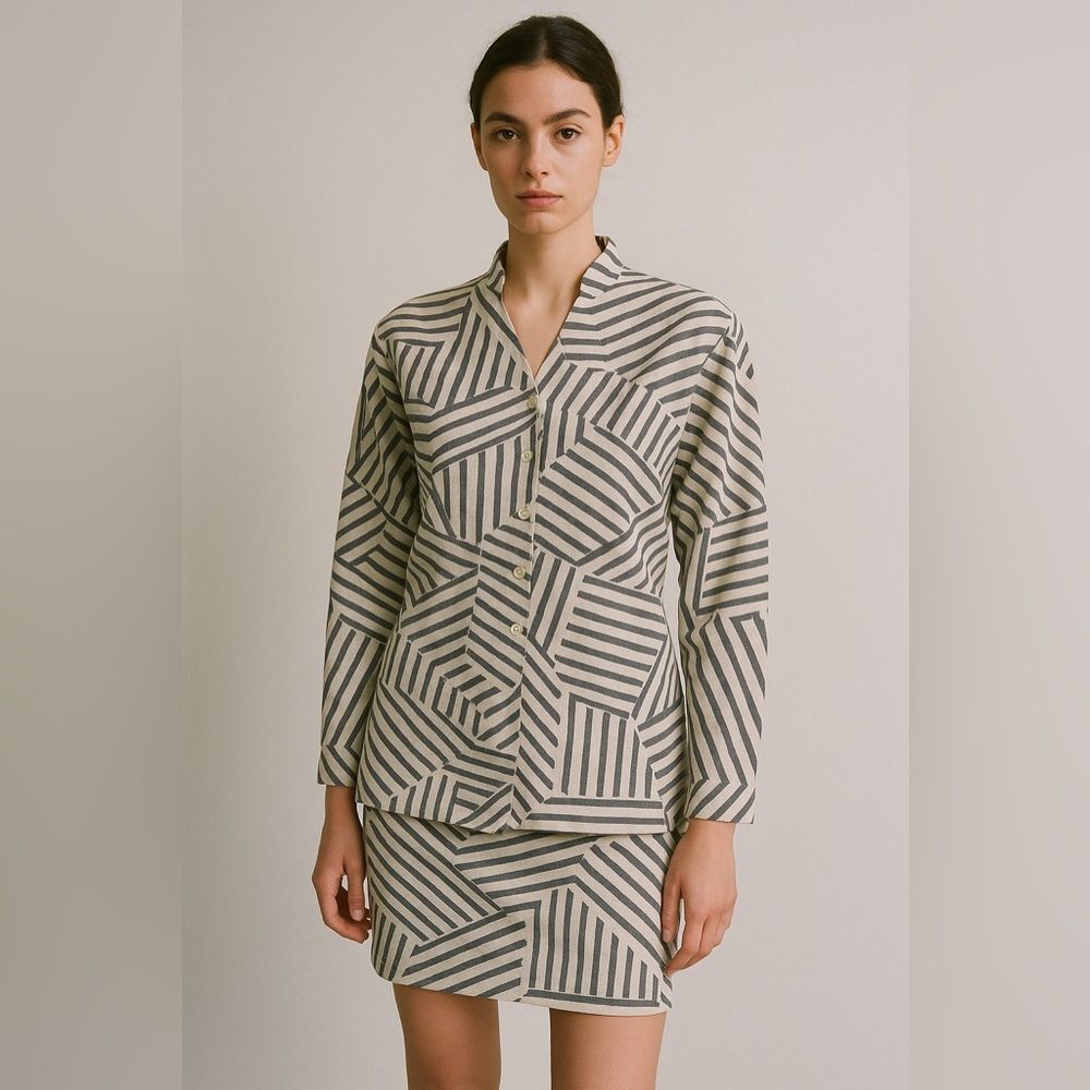 Vintage Nicole Miller Geometric Stripe Skirt Blouse Set Talon Zipper 90s Suit